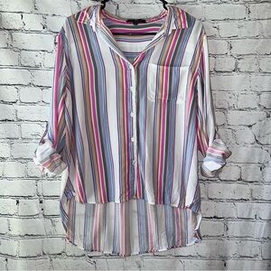 Velvet Heart Women’s Pastel‎ Striped High Low Button Down Blouse Size Large FLAW